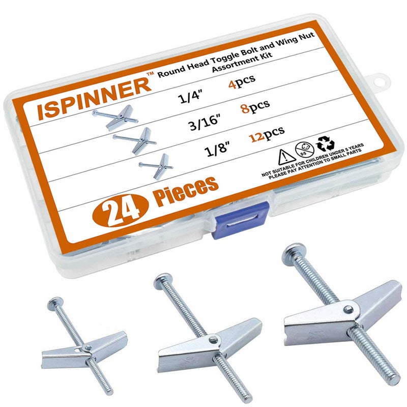 ISPINNER 24pcs Toggle Bolt and Wing Nut Assortment Kit for Drywall Hanging Heavy Items 1/8" 3/16" 1/4" - Image 1